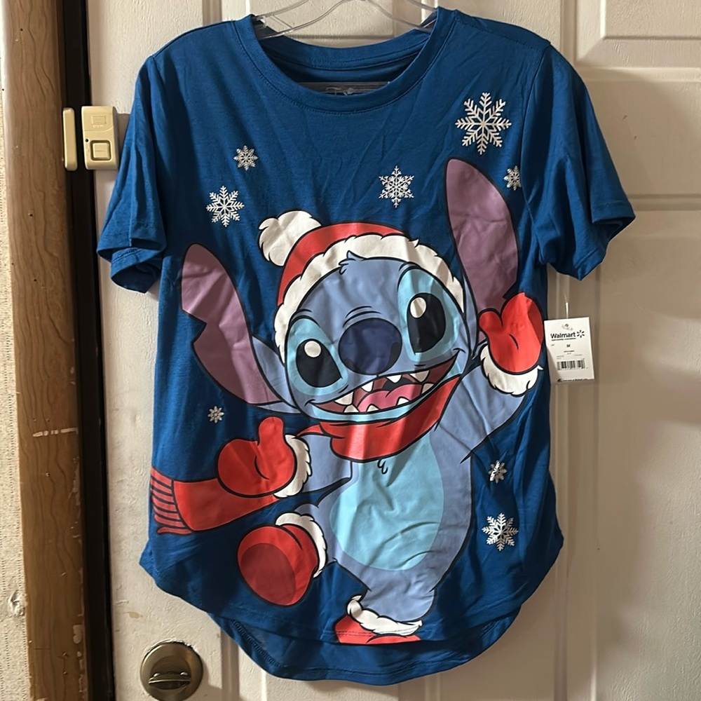 DISNEY STITCH CHRISTMAS TEE: BLUE: NEW WITH TAGS: JUNIORS SIZE M (7/9)